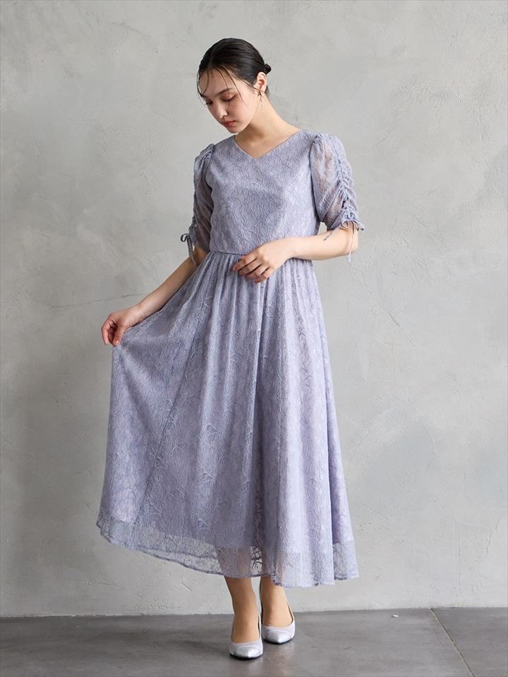 ドロストスリーブVネックレースドレス|サックス