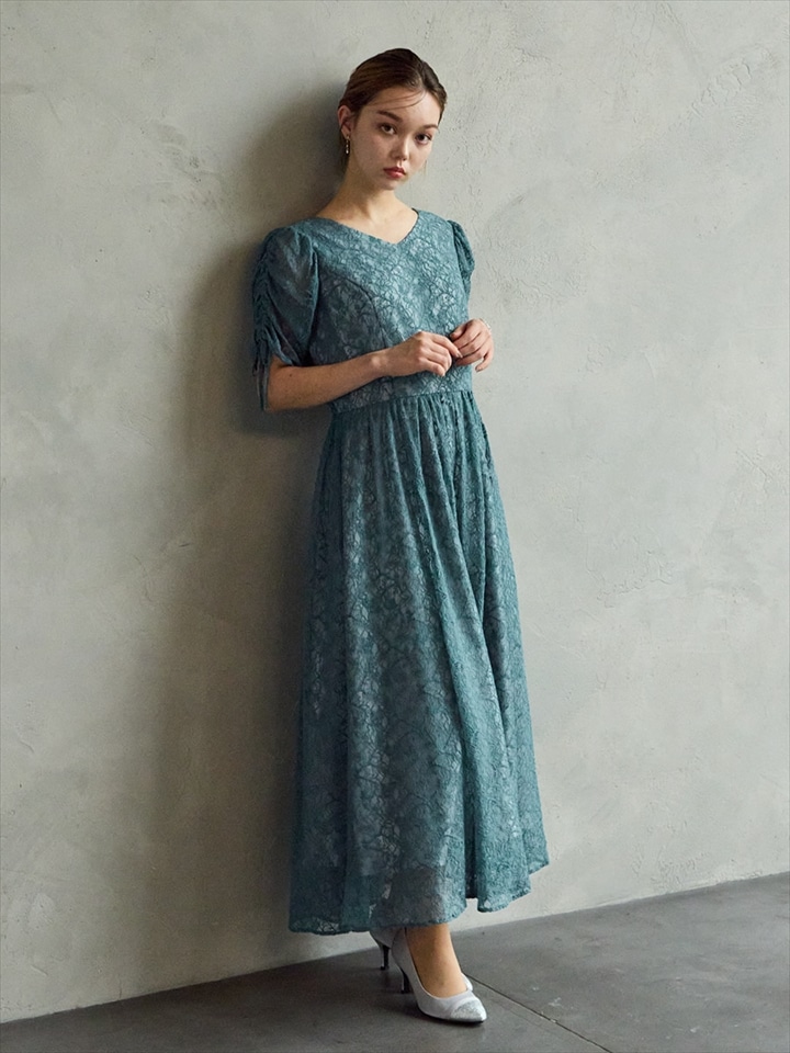 ドロストスリーブVネックレースドレス|ダルブルー