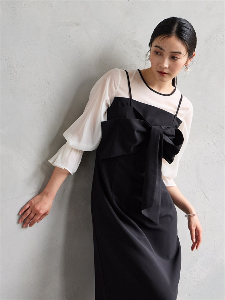 リボンビスチェ×袖付きIラインワンピースセットドレス|ブラック