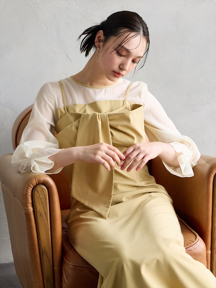 リボンビスチェ×袖付きIラインワンピースセットドレス|イエロー