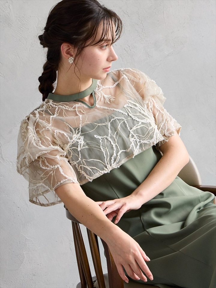 フラワーモール刺繍キーネックブラウス×Iラインキャミソールドレス2点セット|グリーン