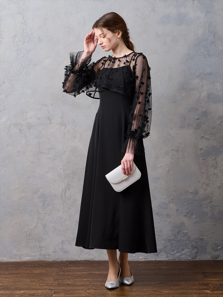 3Dフラワー刺繍ボリュームスリーブブラウス×フィット＆フレアキャミソールドレス2点セット|ブラック