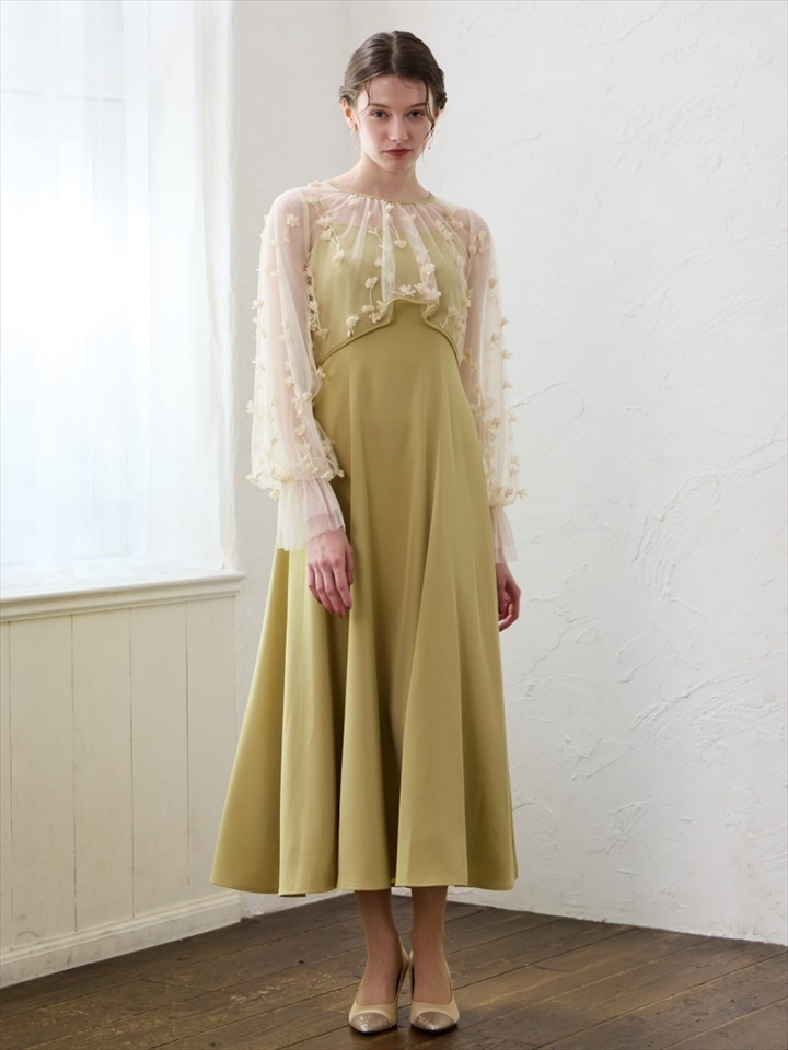 3Dフラワー刺繍ボリュームスリーブブラウス×フィット＆フレアキャミソールドレス2点セット|イエロー