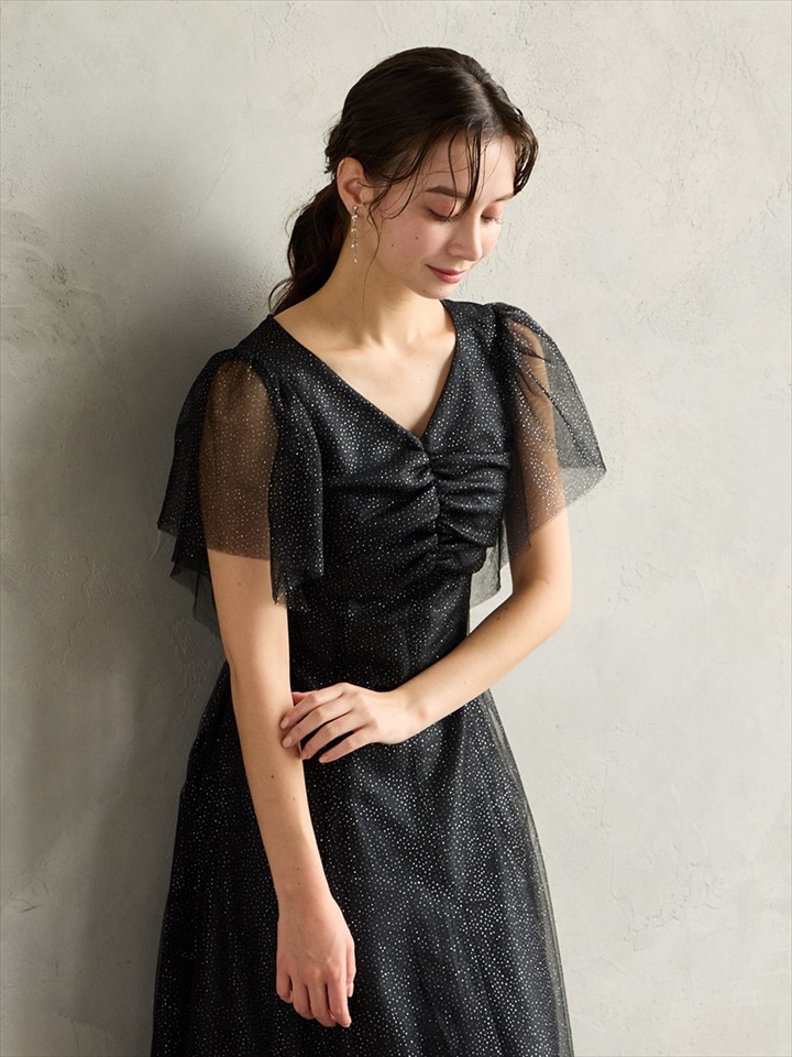 グリッターチュールフロントギャザーレースアップドレス|ブラック