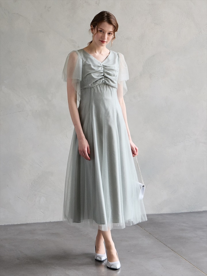 グリッターチュールフロントギャザーレースアップドレス|ライトグリーン