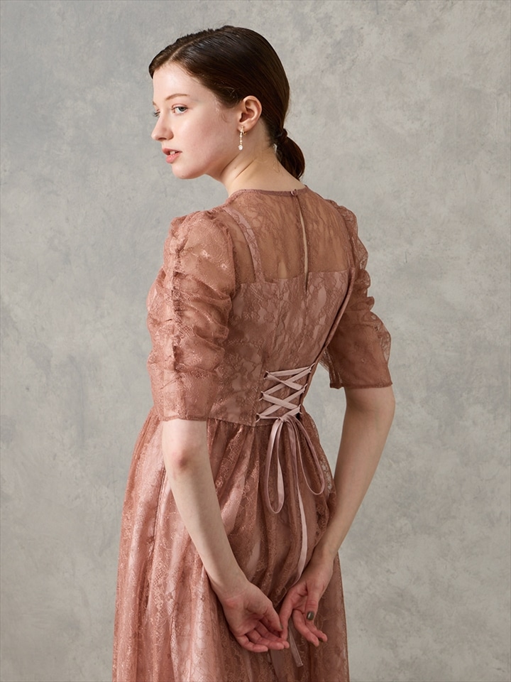 ラメレースギャザースリーブレースアップフィット＆フレアドレス|ピンク