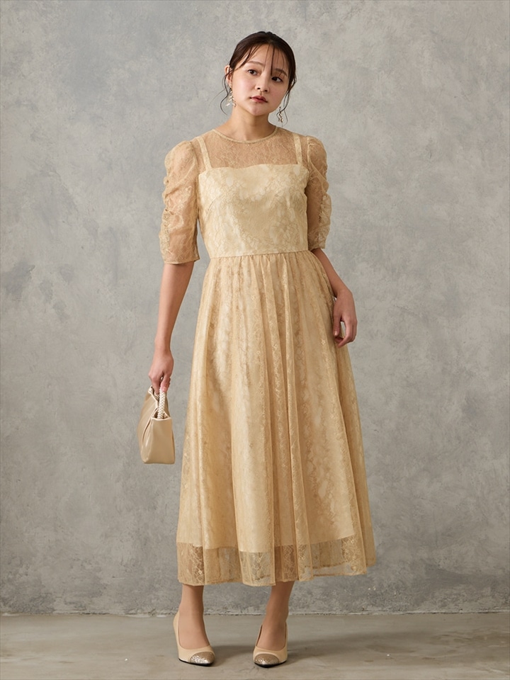 ラメレースギャザースリーブレースアップフィット＆フレアドレス|イエロー