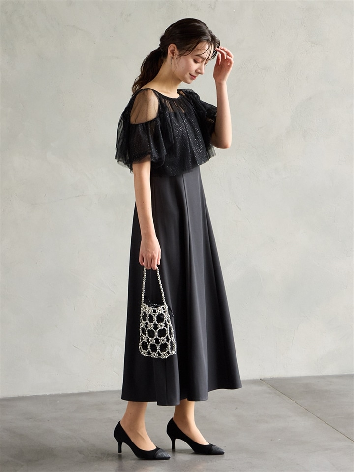 グリッターチュールフリルスリーブブラウス×キャミソールロング丈ドレス2点セット|チャコールグレー