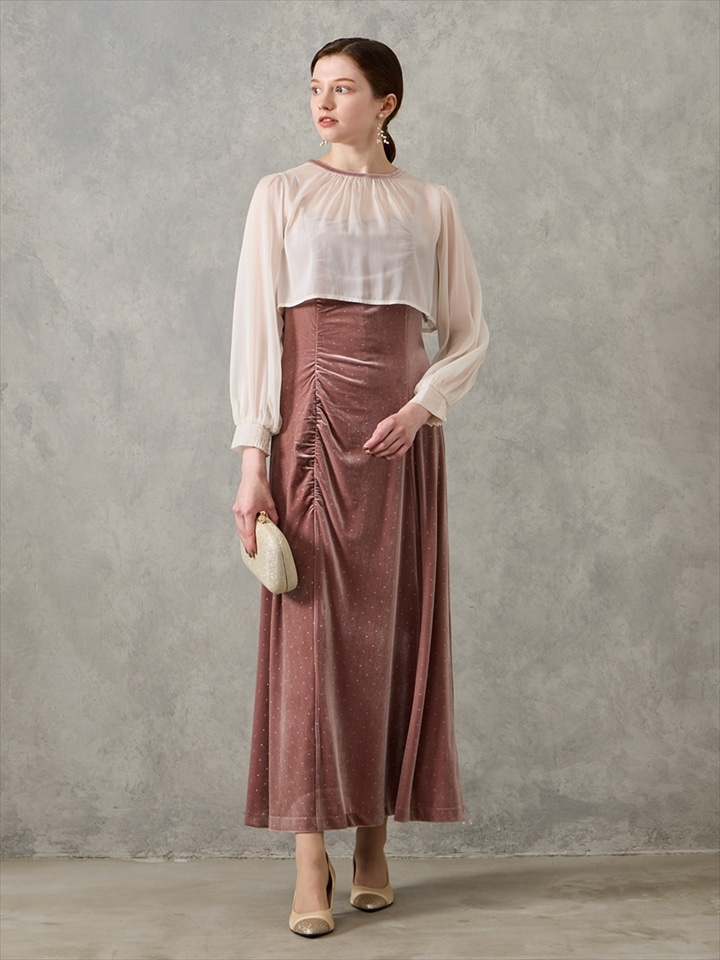 オーガンジーカフススリーブブラウス×箔ドットベロアギャザーデザインドレス2点セット|ピンクベージュ