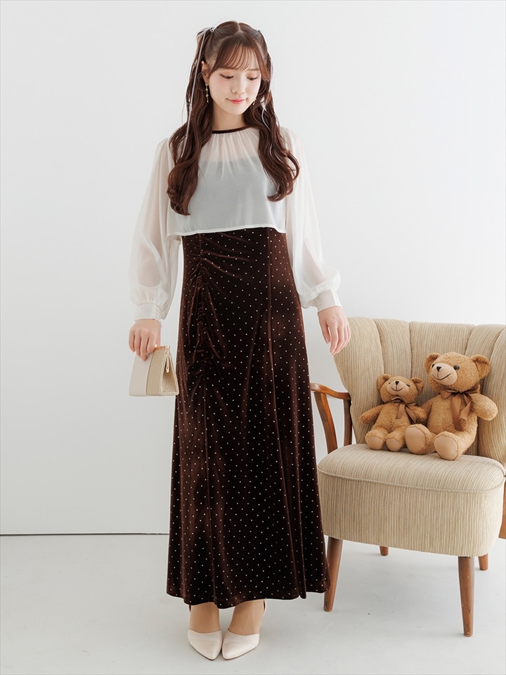 オーガンジーカフススリーブブラウス×箔ドットベロアギャザーデザインドレス2点セット|ブラウン