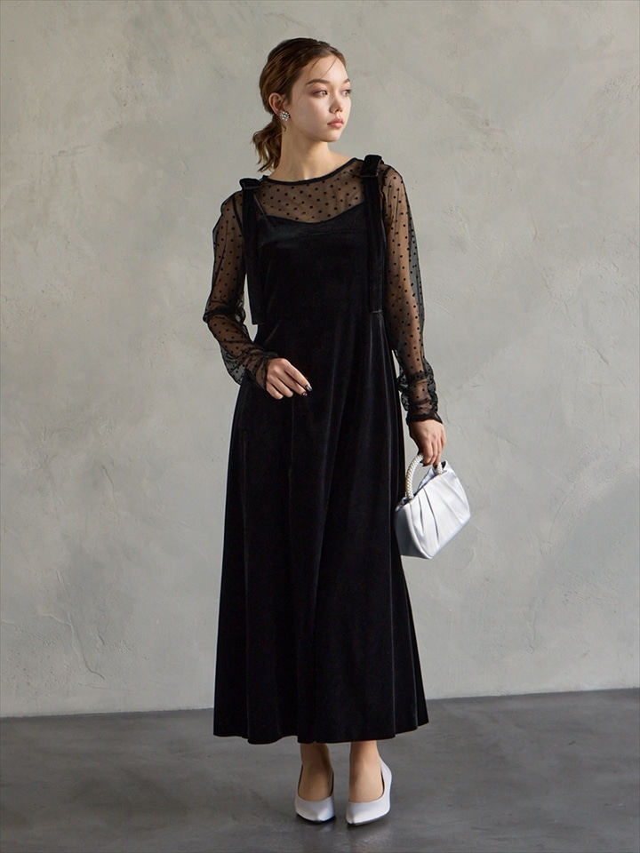 2WAYリボンショルダー付きベロアキャミソールドレス|ブラック