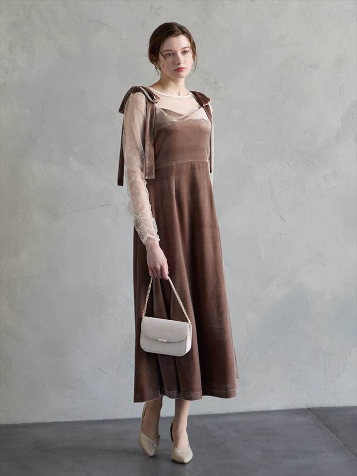 2WAYリボンショルダー付きベロアキャミソールドレス|モカ