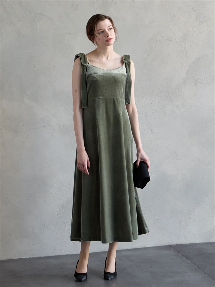 2WAYリボンショルダー付きベロアキャミソールドレス|グリーン