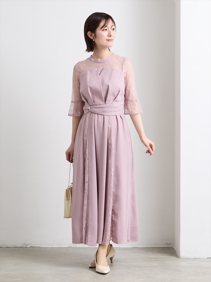 ビスチェ風レース切替ワンピース|ピンク