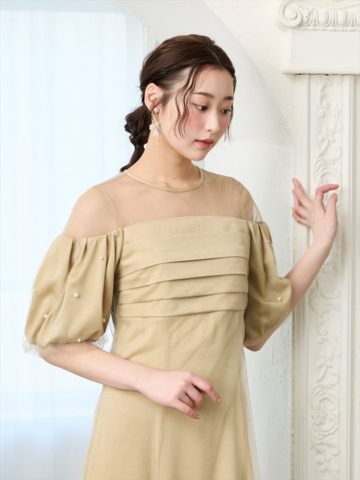 チュール×ヴィンテージサテンパールパフスリーブドレス|イエロー