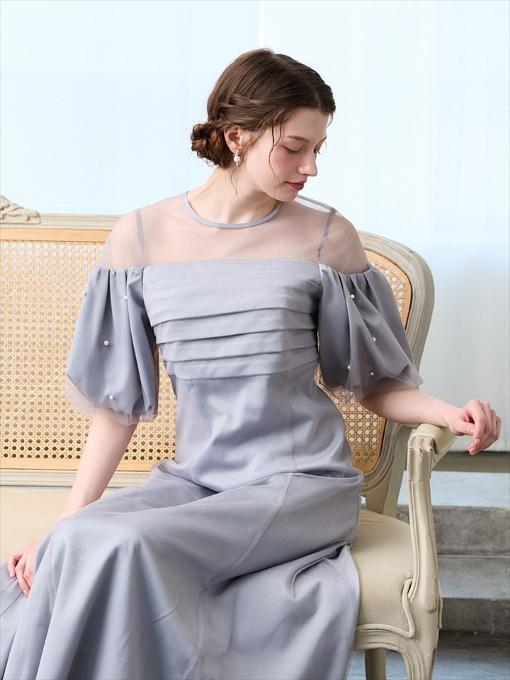 チュール×ヴィンテージサテンパールパフスリーブドレス|ブルーグレー