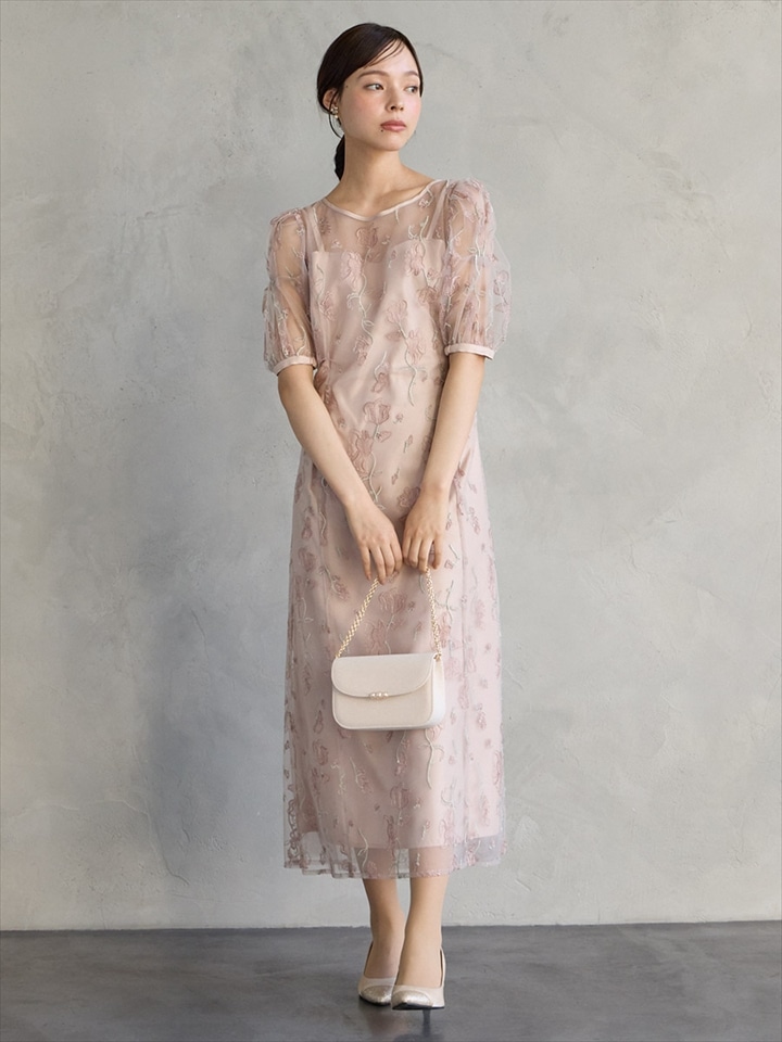 配色フラワー刺繍チュールAラインドレス|ピンクベージュ