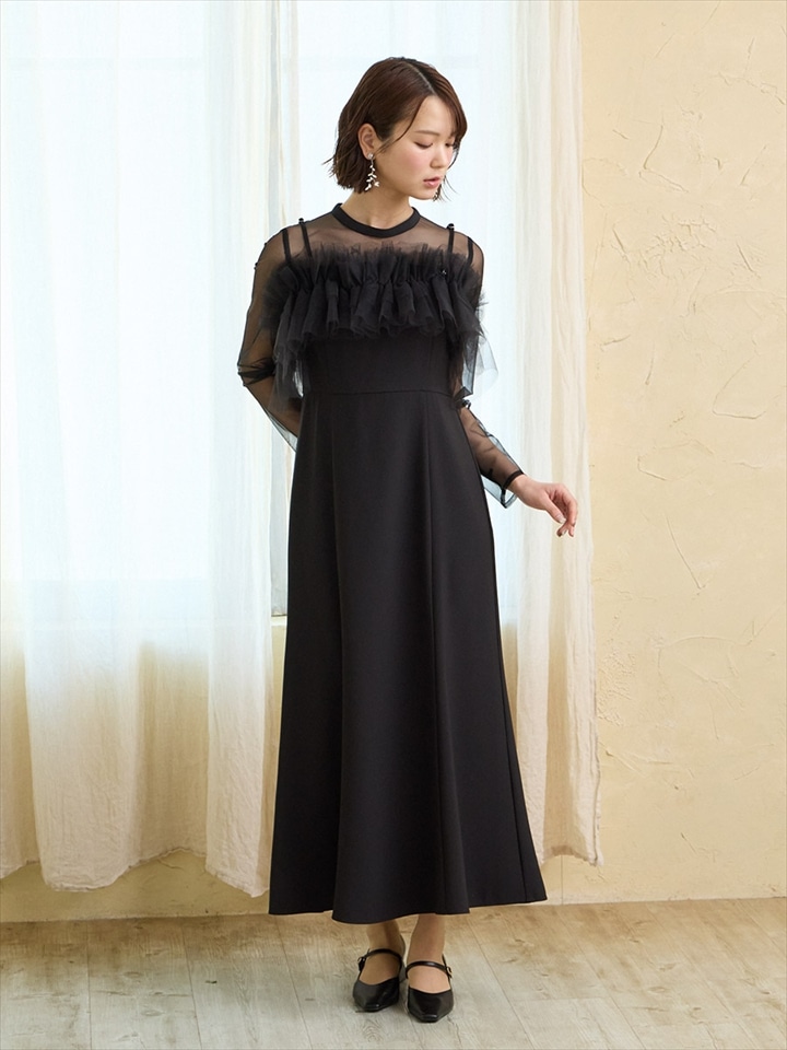 チュールフリルビスチェ×ロングスリーブワンピース2点セットドレス|ブラック