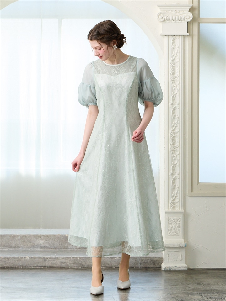 【試着キャンペーン対象】オーガンジーボリュームスリーブスパンコールレースAラインドレス|ライトグリーン