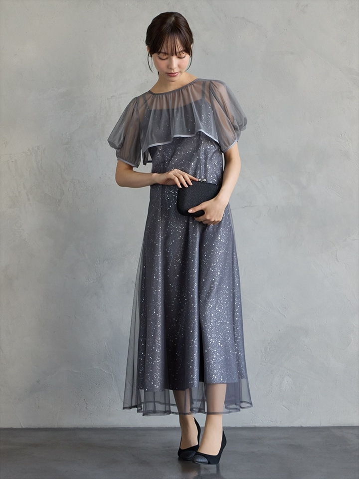 2WAYチュールショート丈ブラウス×ホイルドットキャミソールワンピース2点セットドレス|チャコールグレー