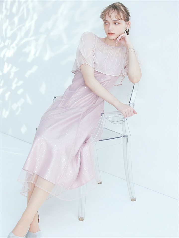 2WAYチュールショート丈ブラウス×ホイルドットキャミソールワンピース2点セットドレス|オールドローズ