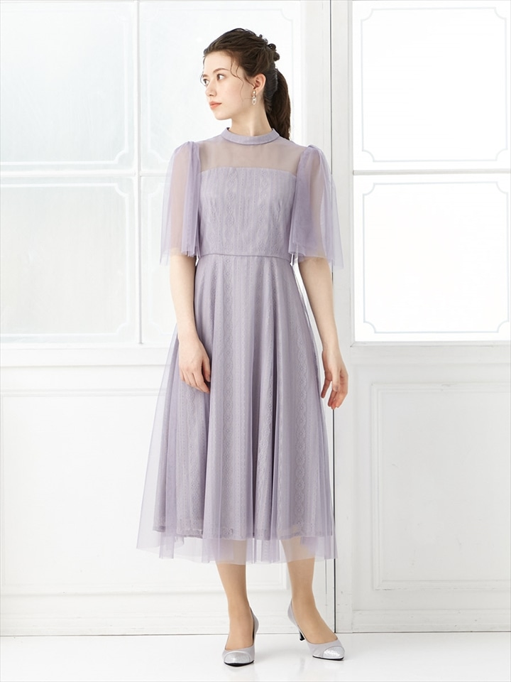 チュール×ストライプレースフィット＆フレアドレス|サックス