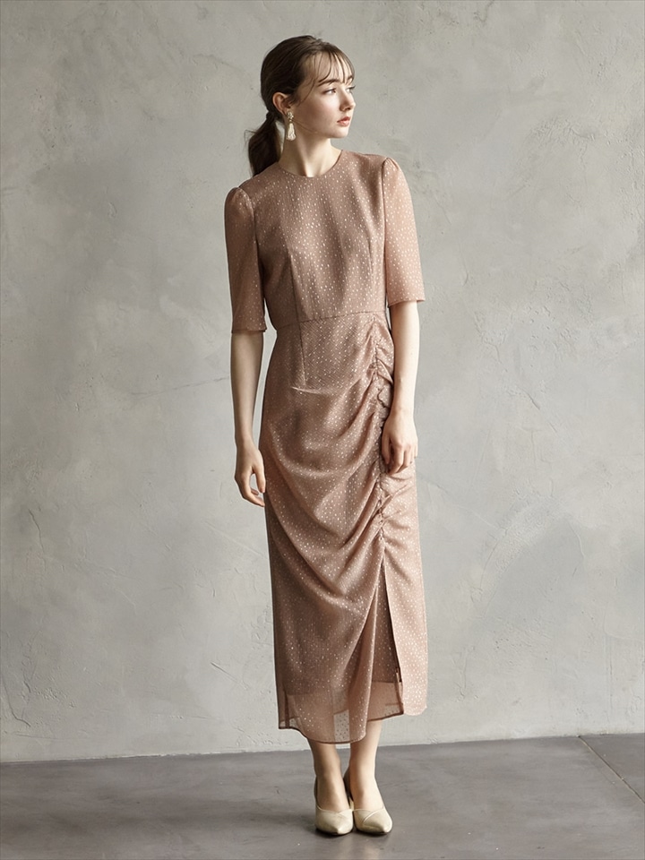 ラメドビースリットドレス|ピンクベージュ