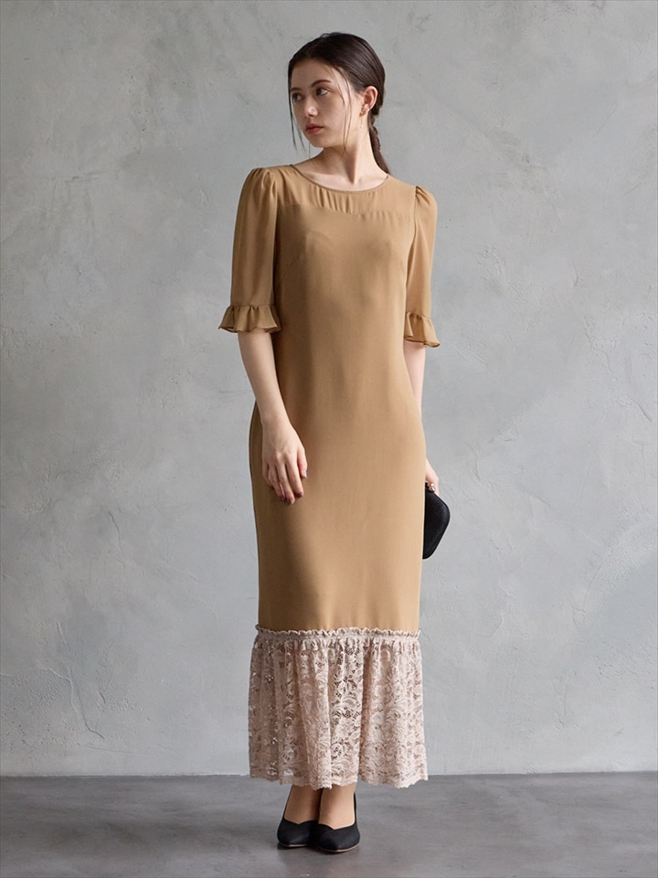 【WEB/Aimer Acret店限定】袖付きIラインドレス|キャメル