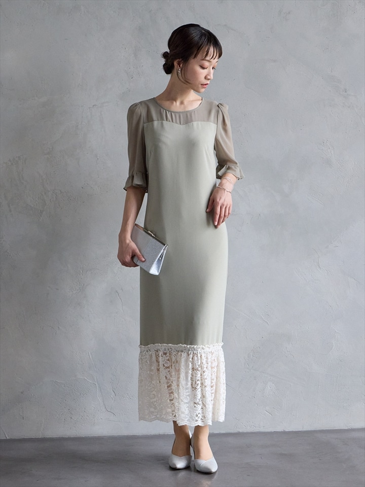 【WEB/Aimer Acret店限定】袖付きIラインドレス|カーキ