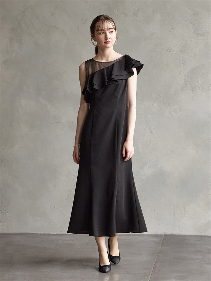 【WEB/Aimer Acret店限定】アシンメトリーフリルマーメイドラインドレス|ブラック