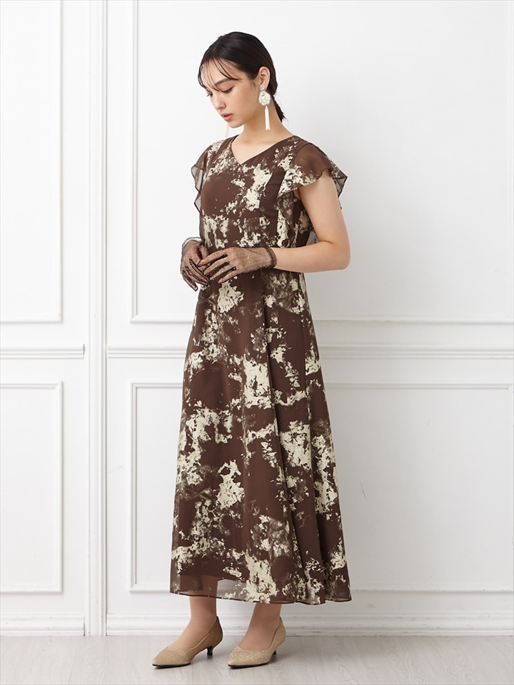 【残りわずか】フラワー箔プリントVネックフレアドレス|ブラウン