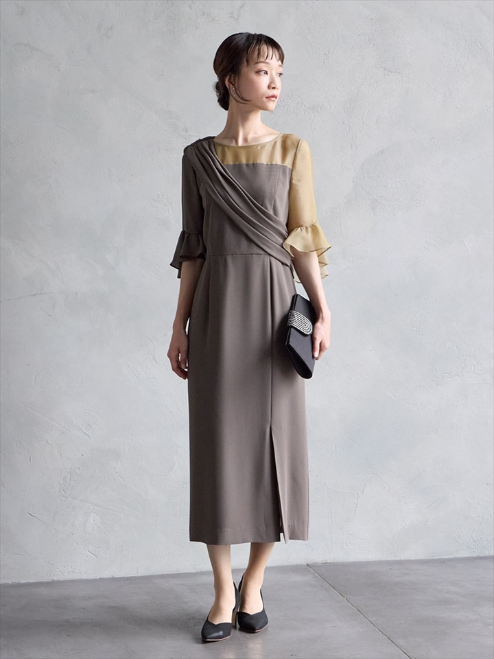 【WEB/Aimer Acret店限定】アシンメトリー袖付きIラインドレス|モカ