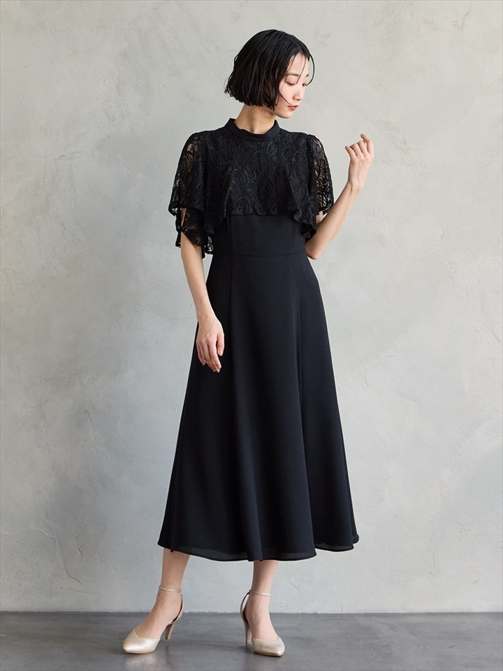 レースケープ風スリーブフィット＆フレアドレス|ブラック