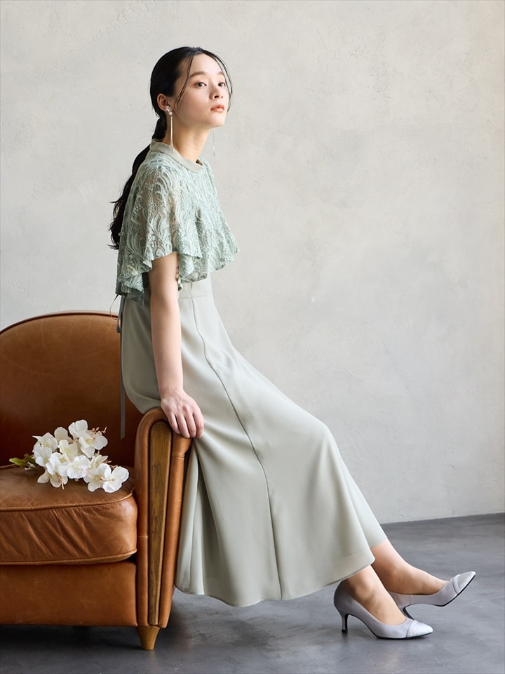 レースケープ風スリーブフィット＆フレアドレス|スモーキーグリーン