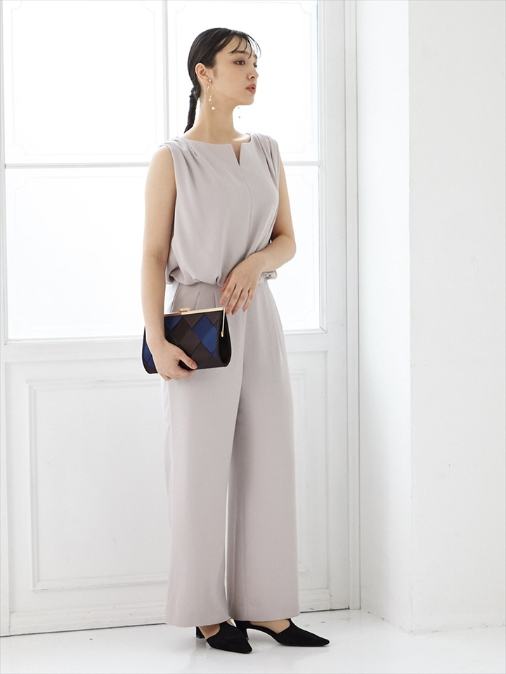 ブラウジングブラウス×ワイドパンツセットアップ|グレージュ