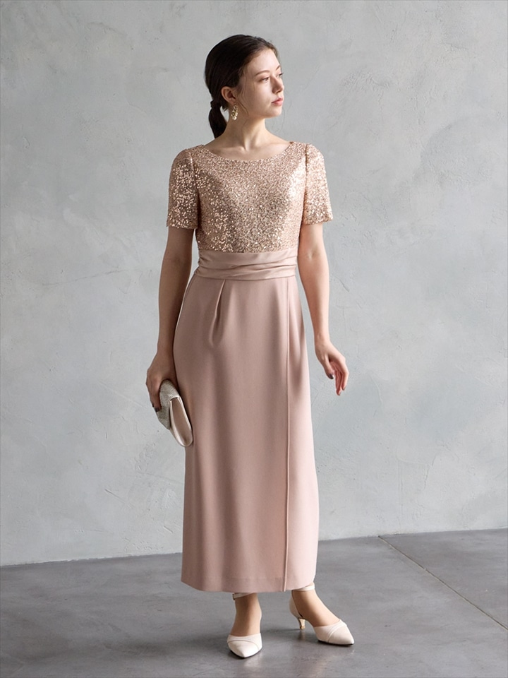 【WEB/Aimer Acret店限定】スパンコールタイトラインドレス|ピンクベージュ