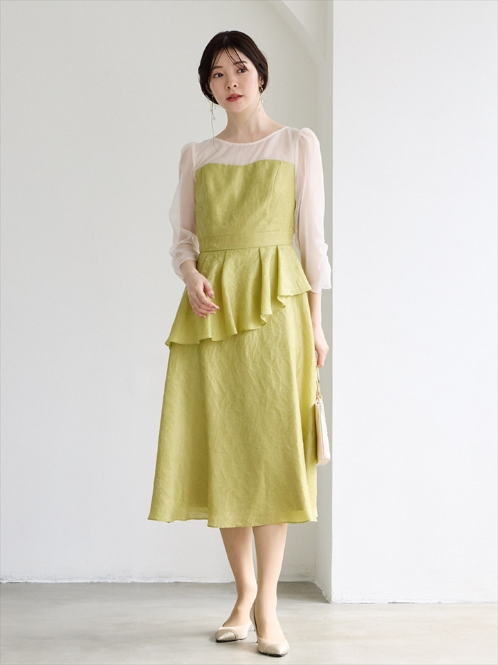 アシンメトリーペプラムフィット＆フレアドレス|イエロー