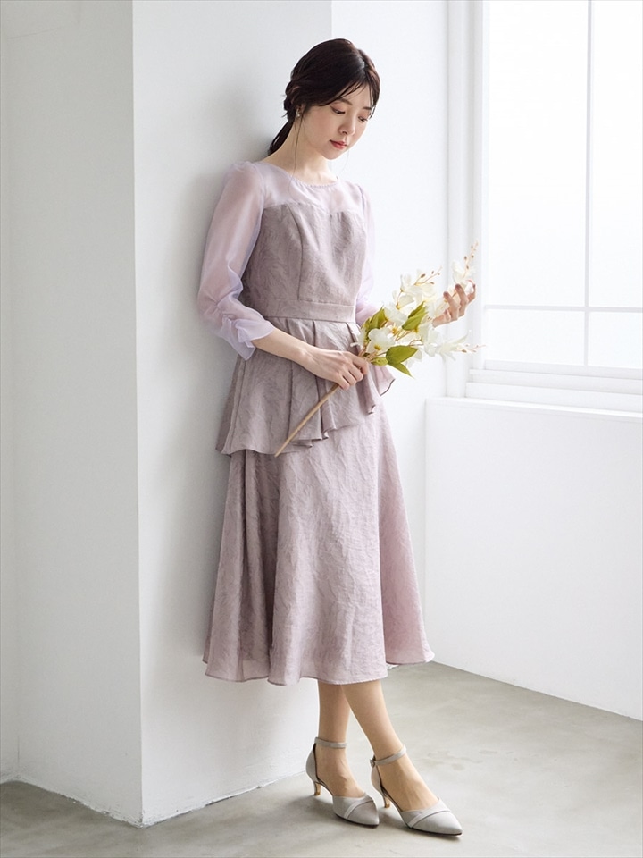 【残りわずか】アシンメトリーペプラムフィット＆フレアドレス|ラベンダー