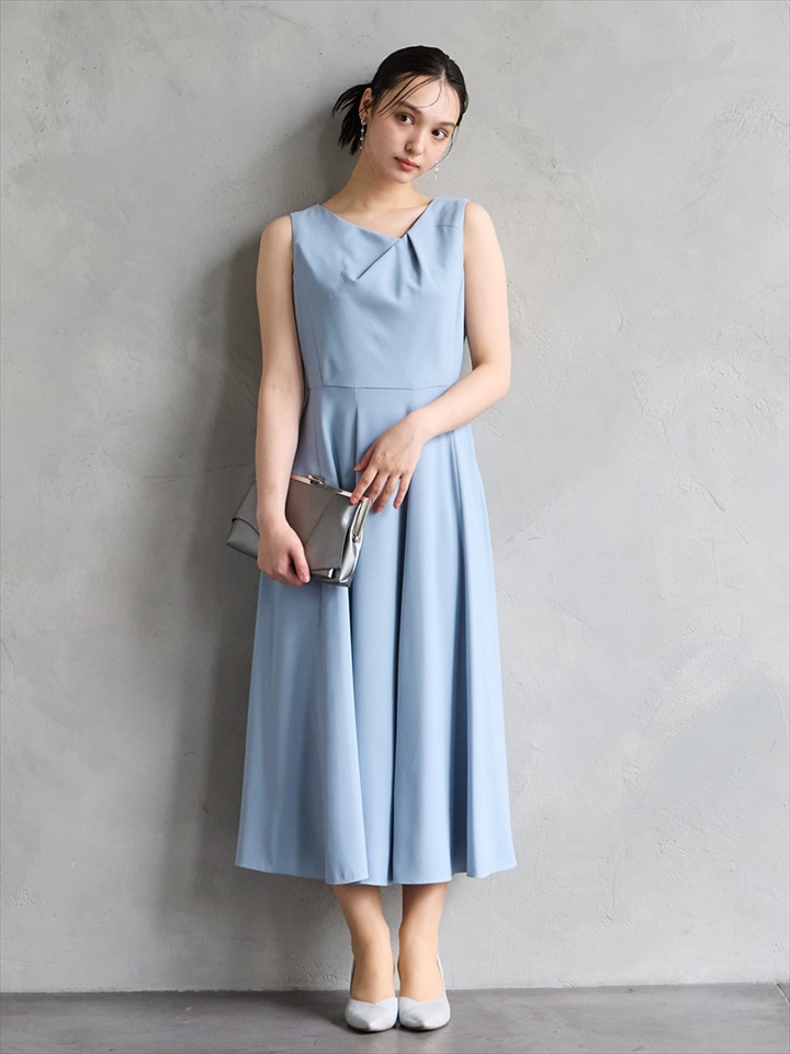 アシンメトリーネックフレアラインドレス|ダルブルー