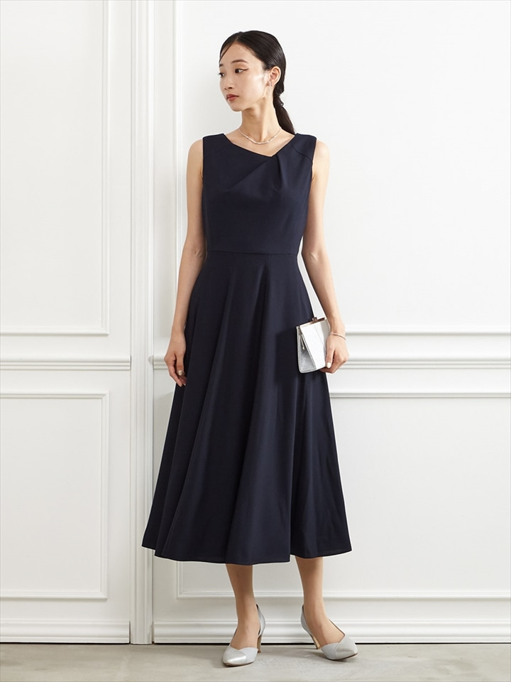 アシンメトリーネックフレアラインドレス|ネイビー