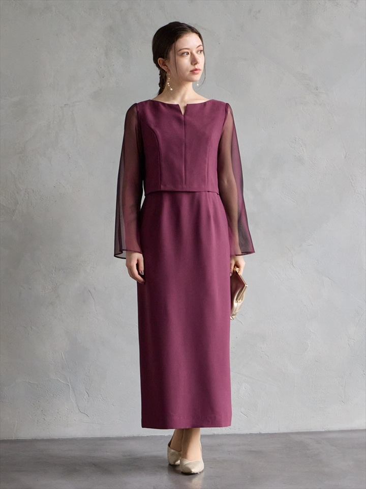 キーネックタイトラインドレス|ボルドー