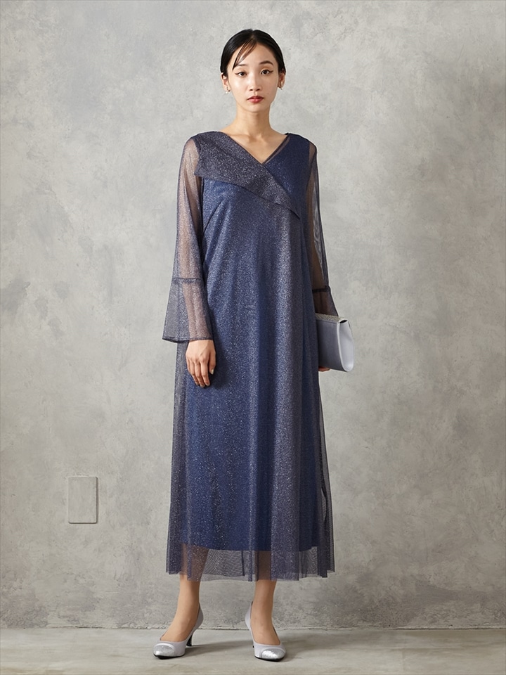 ラメレースアシンメトリービックカラーAラインドレス|ネイビー