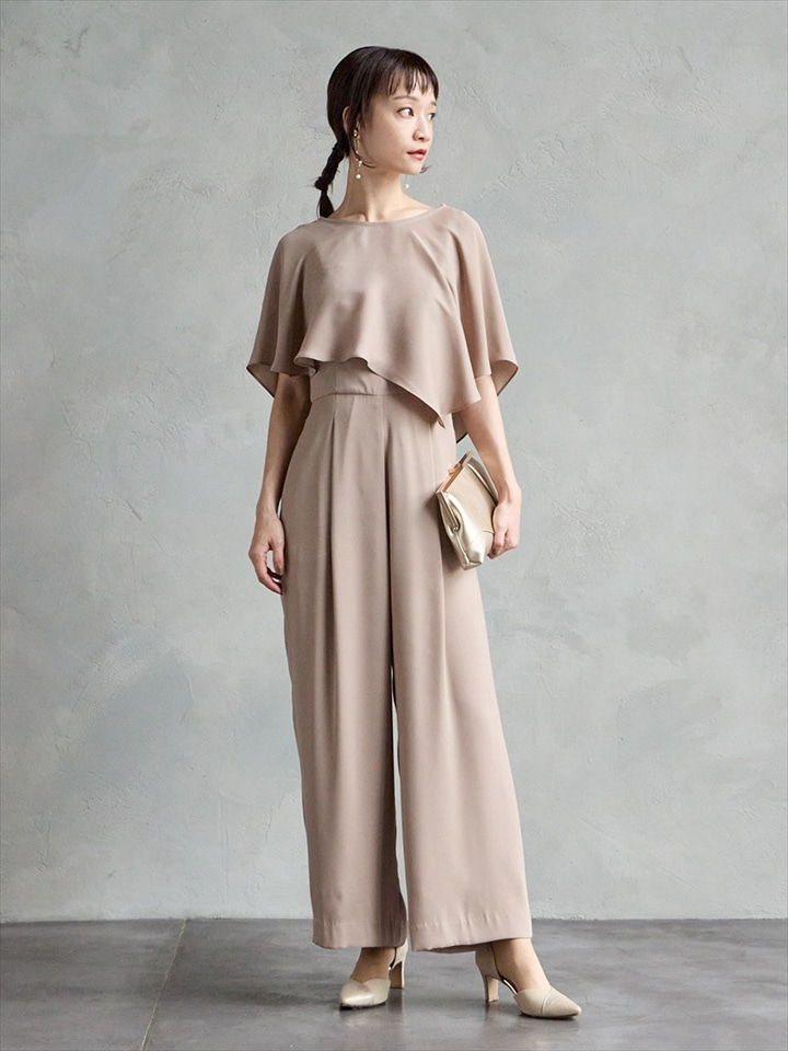 ケープ付ストレートパンツオールインワン|モカ