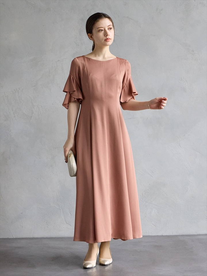 フリルスリーブフレアドレス|オレンジ