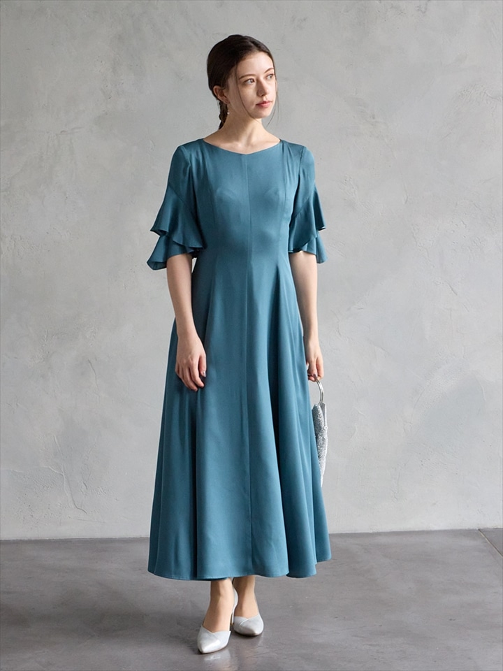 フリルスリーブフレアドレス|スモーキーグリーン