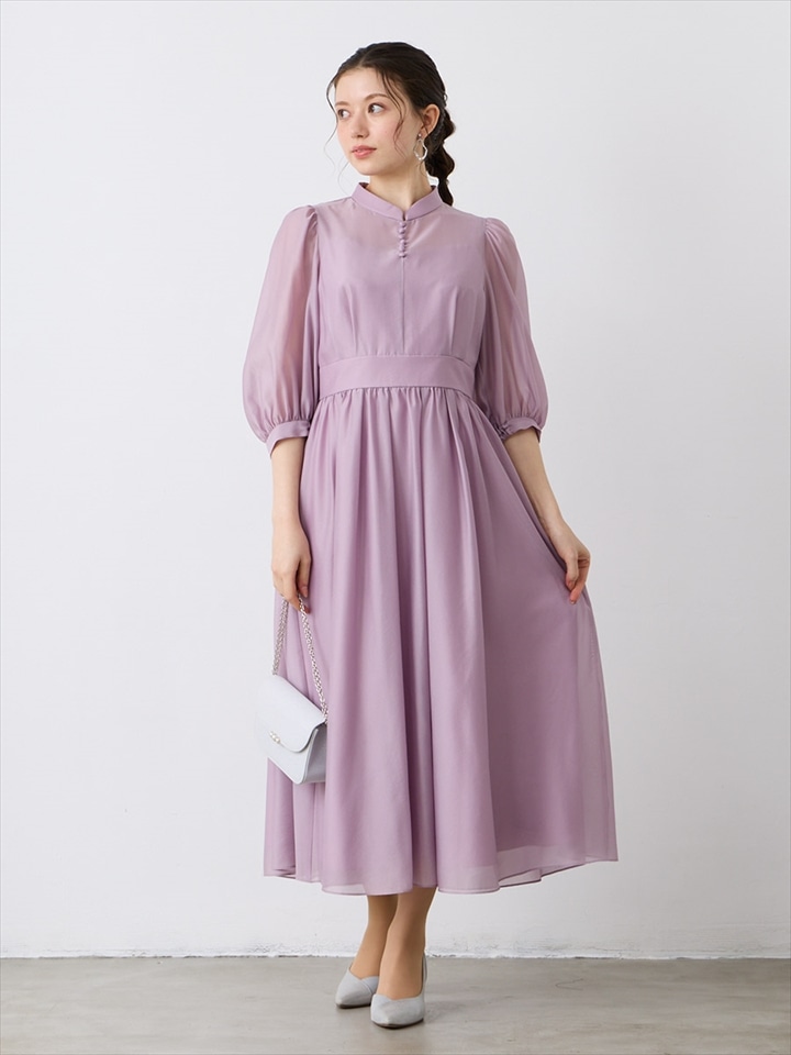くるみボタン×スタンドカラーデザインボリュームスリーブドレス|ラベンダー