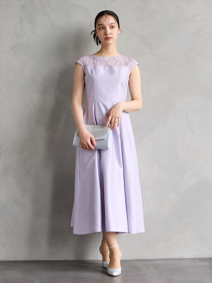 リリアン刺しゅう×オリジナルシャンタンフレンチスリーブフレアドレス|ラベンダー