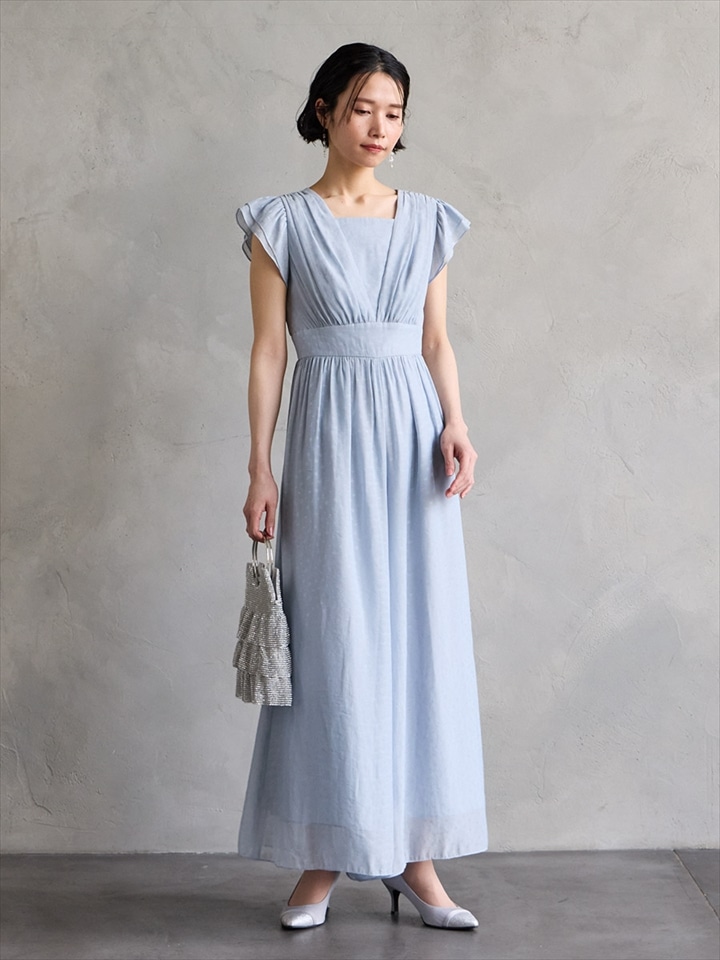 カットジャカードフレアパンツドレス|サックス