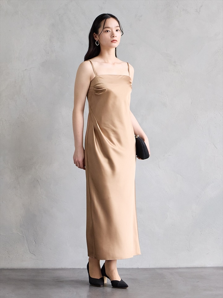 サテンウエストタックキャミドレス|ベージュ