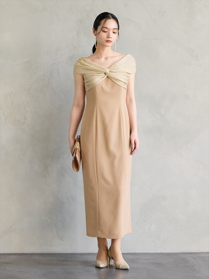 【WEB/Aimer Acret店限定】ラメニット×ツイルオフショルダードレス|ベージュ